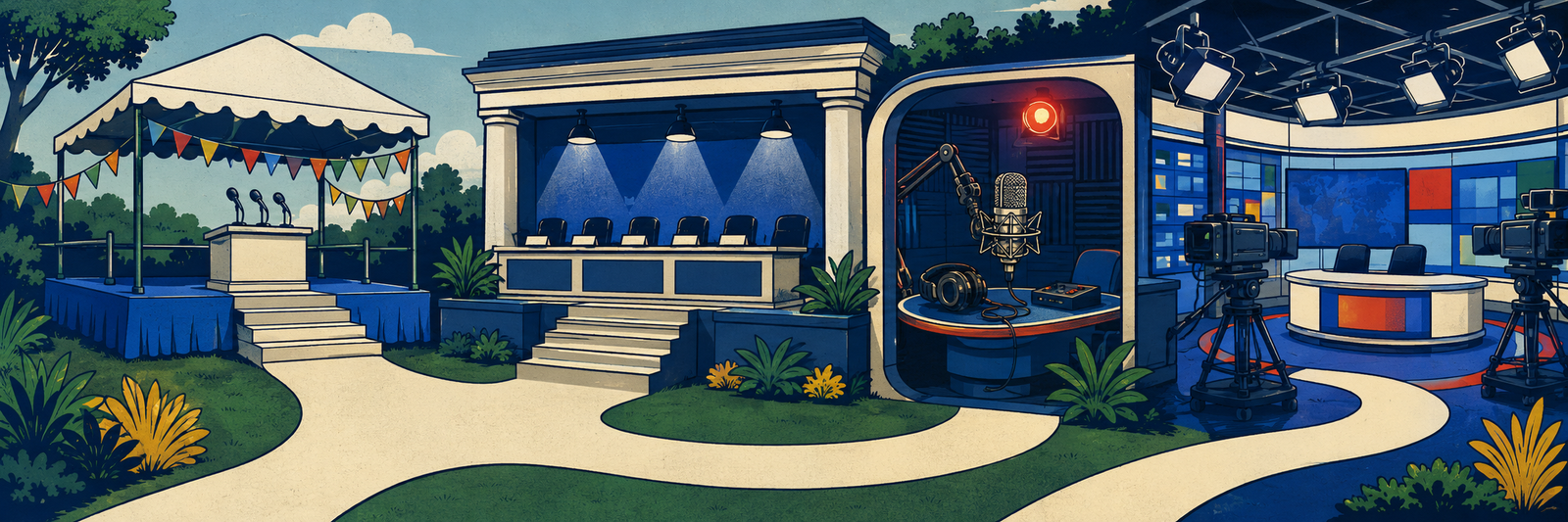 Illustrated campaign stage, policy summit, broadcast studio and television newsroom